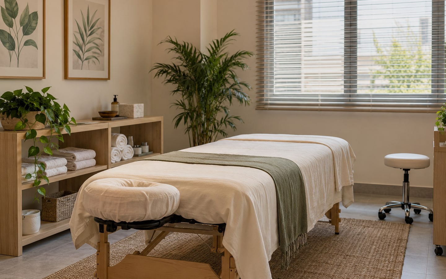 Generated editorial scene of a spa treatment room with a massage table and towels